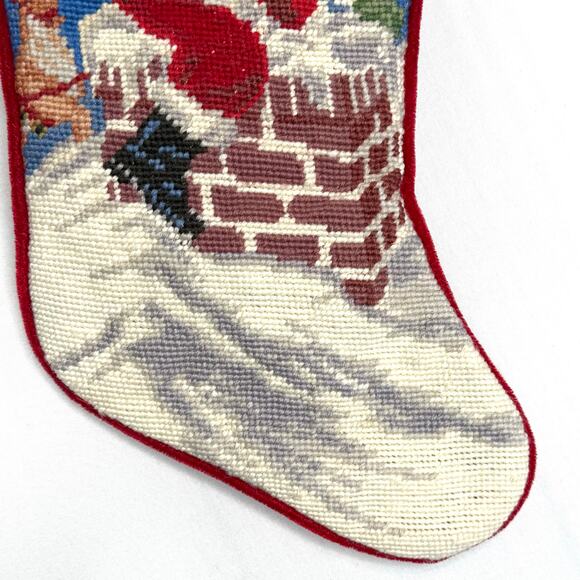 Wool Needlepoint Stocking Santa Claus Reindeer Chimney Presents Christmas Decor - Picture 4 of 6
